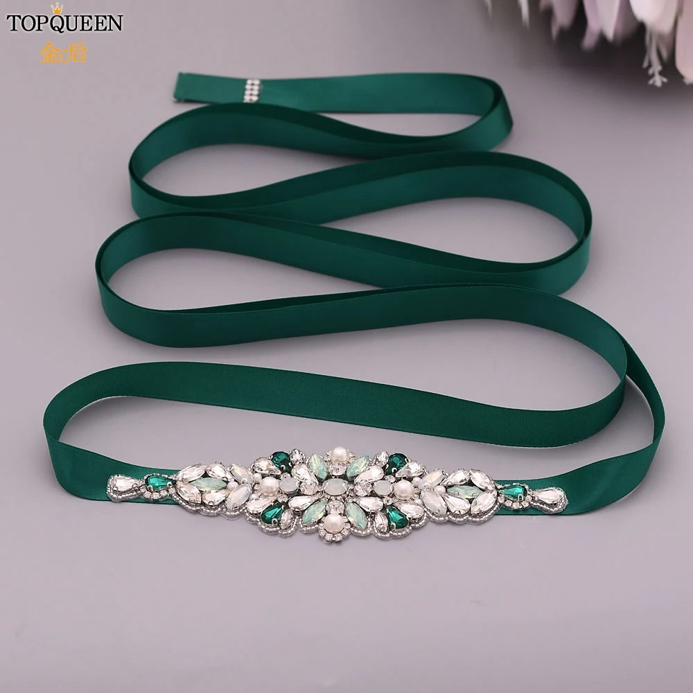 TOPQUEEN S443 Luxury Green Rhinestone Bridal Belt Beaded for Formal Evening Dresses Custom Diamond Decorative Belt Handmade