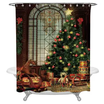 

Christmas Shower Curtain for Modern Home Decor,Magical Vintage Ambiance Big Old Fashioned Window Xmas Tree Various Presents