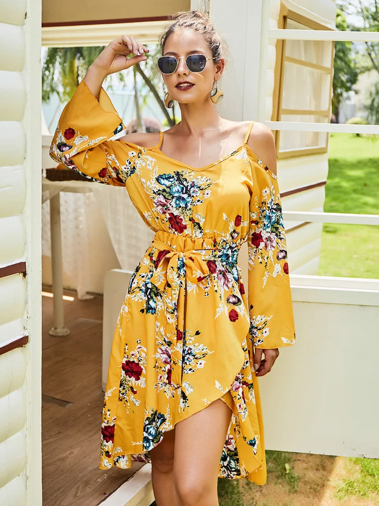 

2020 Spring Summer Dress Women Sexy Yellow Asymmetrical Off the Shoulder Ladies Print Slim Dress Sashes