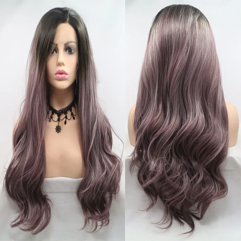 Темные корни Ombre Фиолетовый синтетический 13*3 парик фронта шнурка Glueless