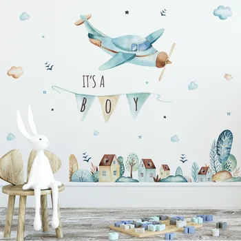 

Style Airplane Clounds Wall Stickers Watercolor Hand Drawn Wall Decals for Kids Boy Room Play Room Baby Nursey Room Decoration