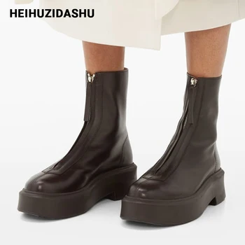 

2020 Winter Black Leather Ankle Boots For Women Zipper Chunky Heel Women Platform Boots Luxury Brand Desgin Chelsea Boots Women