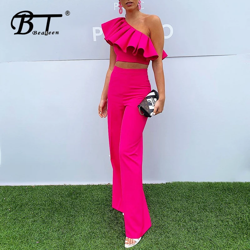 

Beateen Women Fashion Two-Piece Sets One-Shoulder Ruffle Short Crop Top High Waist Boot Cut Pants 2019 New Office Women Suits
