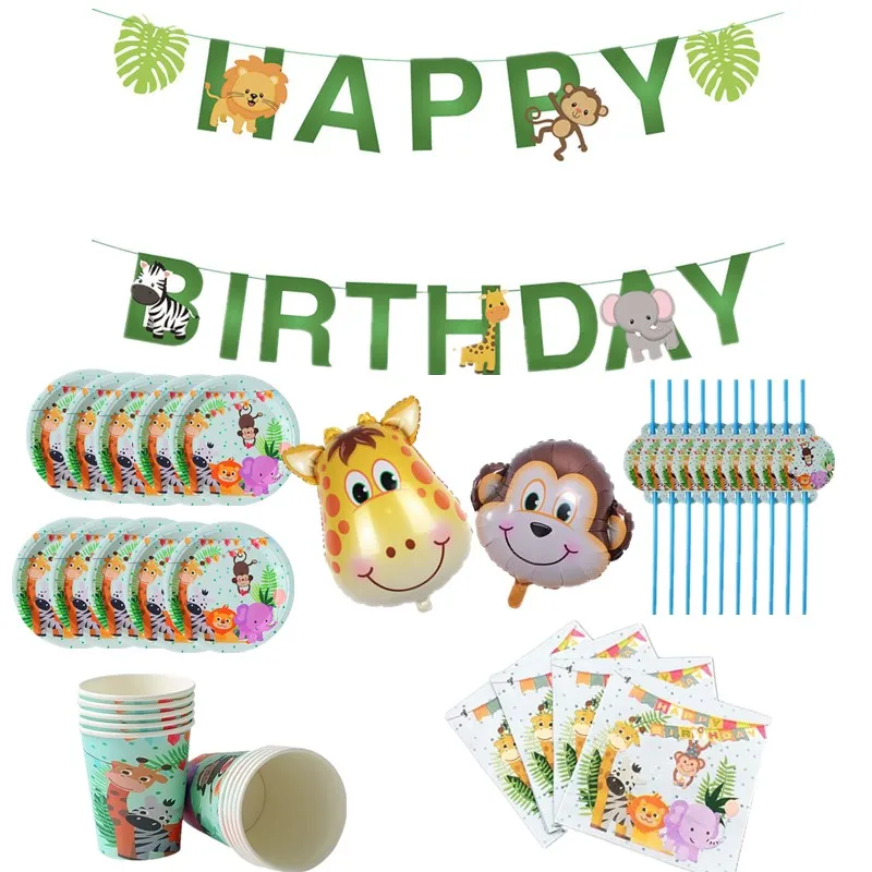 

OLOEY Jungle Birthday Party Disposable Tableware Jungle Animal Disposable Plates/Cups/Napkins Baby Shower Supplies Safari Decor