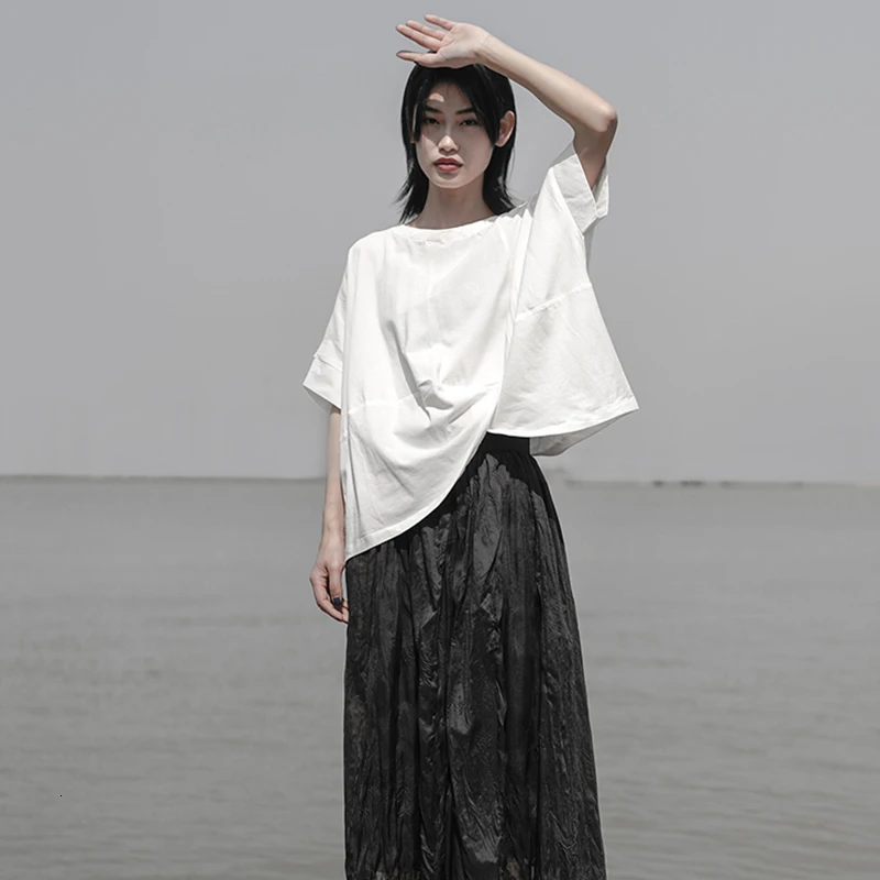 [EAM] Женская белая футболка с асимметричным подолом большого размера Новая модная футболка с круглым вырезом и коротким рукавом весна осень