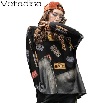 

Vefadisa New Spring Letter Printing Women T-shirt 2020 Patchwork O-Neck Long Sleeve Pullover T-shirt Loose Black Red QYF1837