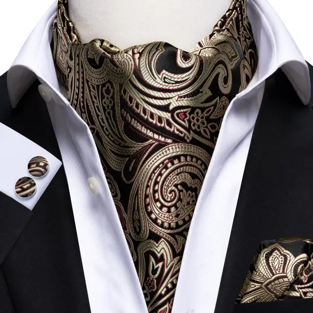 Hi-Tie Silk Men's Ascot Tie Pocket Square Cufflinks Set Cravat Ascots Scrunch Self British Style Gentleman Dress Scarves Party AS-1048