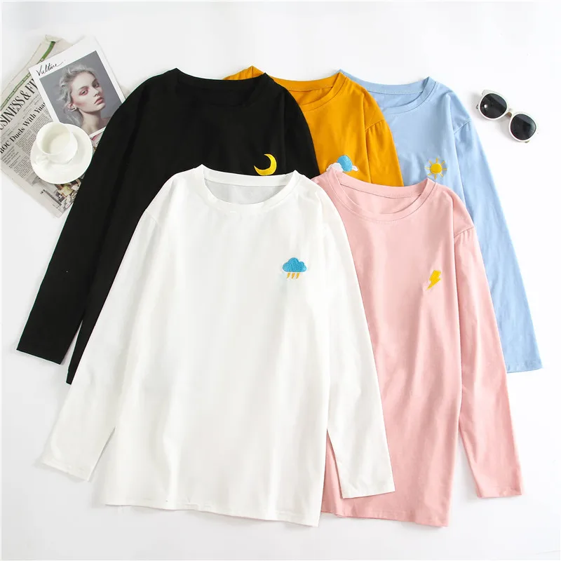 

White clouds sun weather Embroidery Autumn Winter Women T Shirt Long Sleeve Kawaii Basic Tops 2019 vogue Korean harajuku Clothes