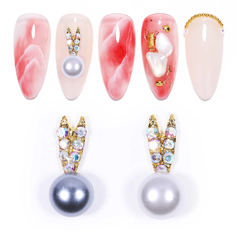 

5 Pcs/Pack Metal Pearly Rabbit Nails Design 3D Nail Rhinestones Colorful Crystal Nails Accessories For UV Gel DIY Nail Stones