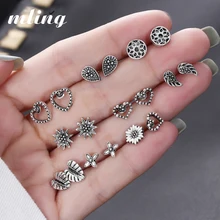 9 пар/компл. милые Винтаж сердце лотоса крыло серьги комплект ювелирных изделий для женщин панковские геометрические со звериными ушами и кристаллом сиреневого цвета Модные украшения