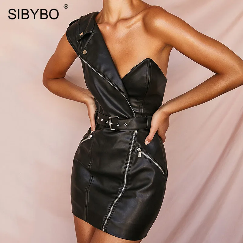 

SIBYBO PU Leather One Shoulder Sexy Bodycon Dress Strapless Zipper Sashes Mini Party Dress Moto & Biker Backless Ladies Dresses