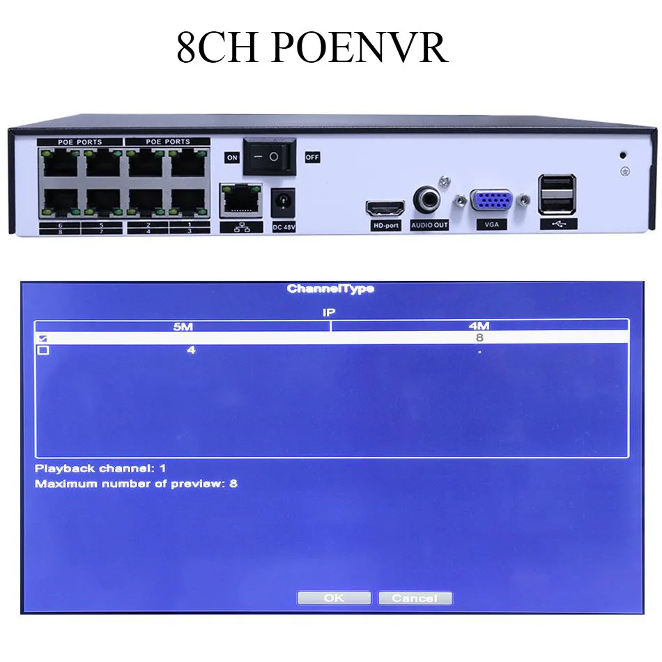 Onvif 4CH/8CH 48V стандартный PoE NVR H.265/H.264, запись в реальном времени для 4 K/5MP/4MP/3MP/1080 P/960 P/720 P ip-камера, P2P запись