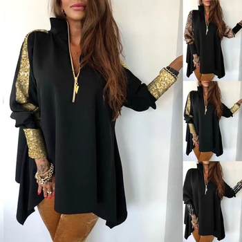 

Summer Sexy Women Fashion V-Neck Sequins T Shirt Patchwork Stand Zipper Design Long Sleeve T Shirt Lady Causal Blusas#45