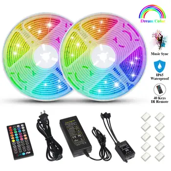 

Chakwan 2PCS LED String Lights Set 300 LEDs 5050 IP65 Waterproof 32.8ft RGB Sync To Music Color Changing Strip Light With IR