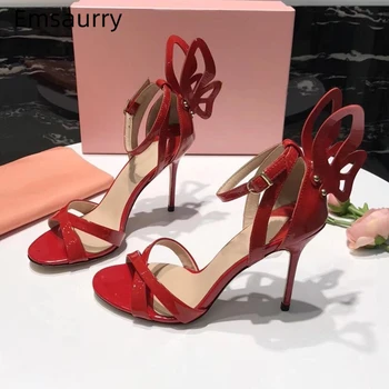 

Fretwork Butterfly-wing Gladiator Sandals Women Thin Heel Cross Band Open Toe Cover Heels Bright Red Sexy Summer Shoes Woman