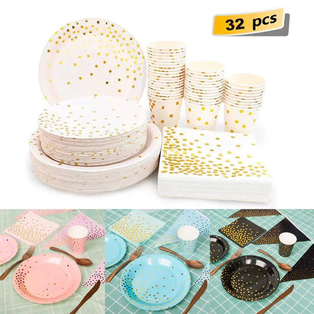 32pc High Quality Hot Stamping Disposable Tableware Set Plate/Napkin/Cup Adult Happy Birthday Party Decor Kids Wedding Birthday