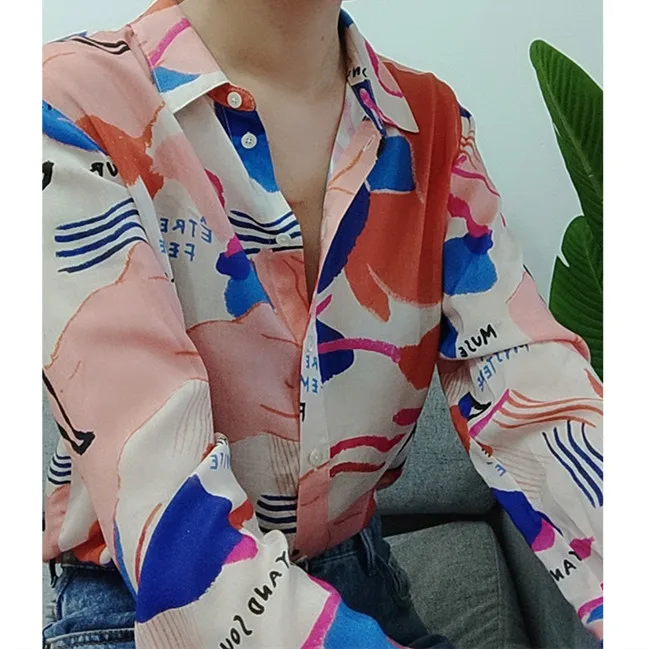 

Spring New Shirt Abstract Oil Painting Print Women Turn Down Collar Long Sleeve Cotton Silk Lady Casual Loose Blouse Tops