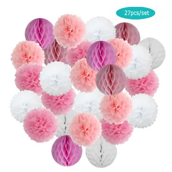 

27 Pieces 6“ 8” 10“ 12” Pink Blue Set Hanging Paper Crafts For Baby Baptism Birthday Decor Wedding Party Favor Tissue Pom Pom
