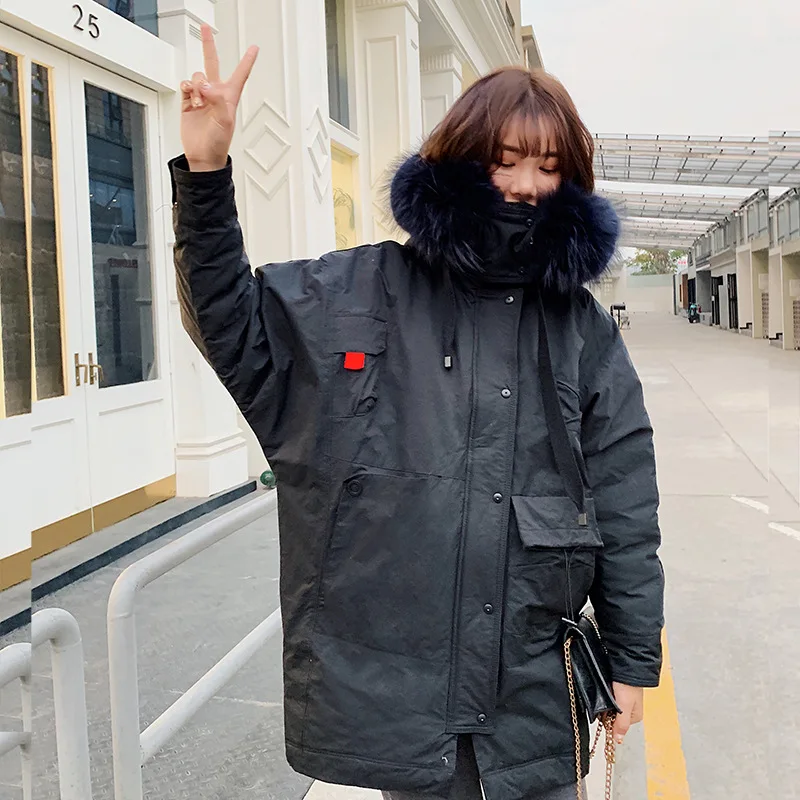Winter new collection women down jacket thick loose long big scorpion fur collar thick tooling style down jackets woman hooded