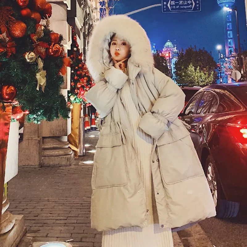 

Photo Shoot Main Push CHIC Sweet Light Green Mid-length down Coat Hooded Large Fur Collar Drawstring Waist Hugging Cotton-padded
