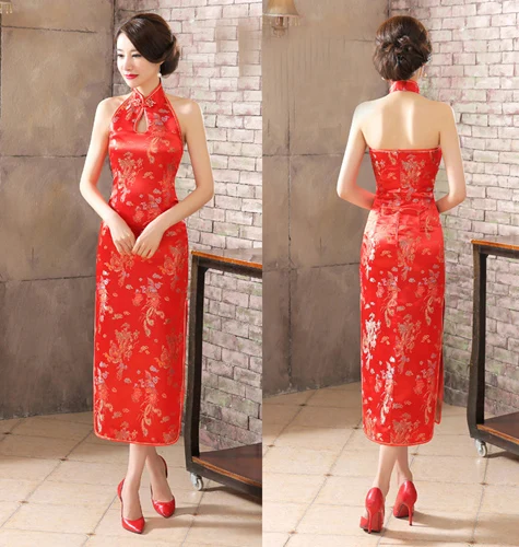 Китайское платье длинное cheongsam сексуальное черное красное cheongsam элегантное вечернее платье женское китайское свадебное платье с открытой спиной cheongsam Размер S-3XL - Цвет: red