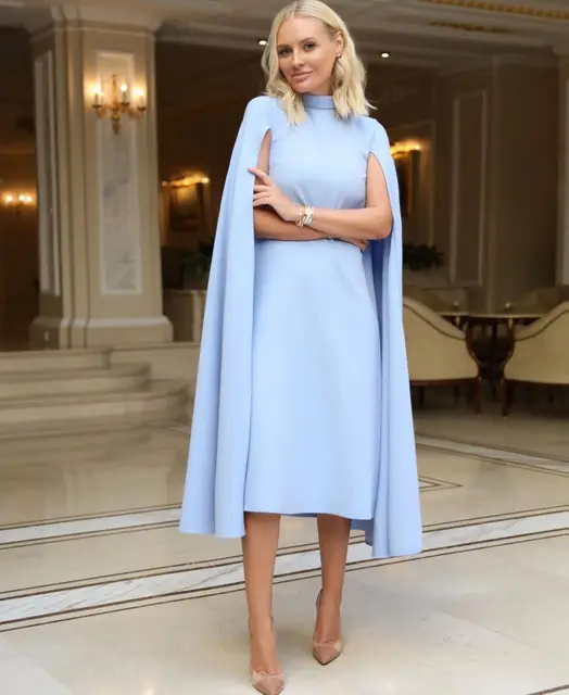 Fivsole 2022 High Neck Cap Sleeves A-line Evening Dresses Vestido Longo Tea Length Gown Women Elegant Outfit Vestidos De Fiesta sky blue