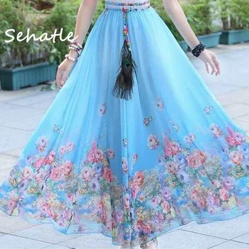 

Sehatle 2020 Summer new sexy women midi skirts ethnic style clothes floral elegant sweet casual beach skirt chiffon clothing