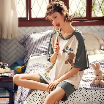

Pajamas Female Spring Summer Short-sleeved Shorts Comfortable Breathable Cartoon Cute Ladies Home Leisure Suit Loose Casual