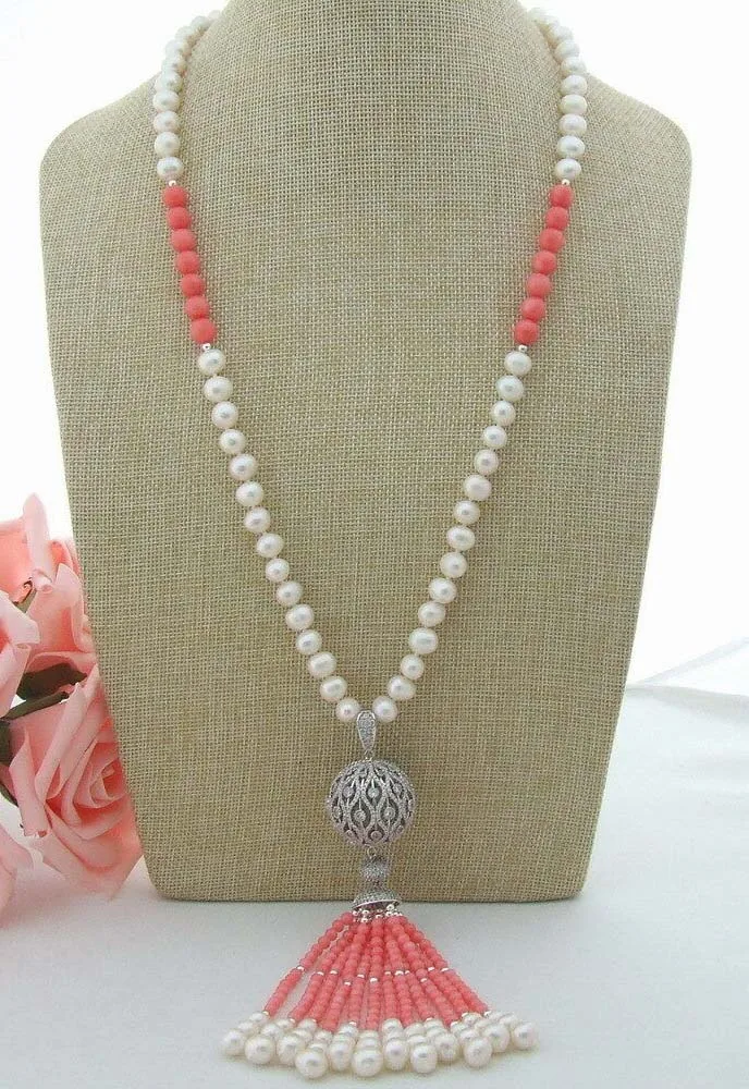 

7-8mm white natural freshwater pearl Pink Coral Necklace micro inlay zircon sphere tassel long sweater chain necklace 25inch