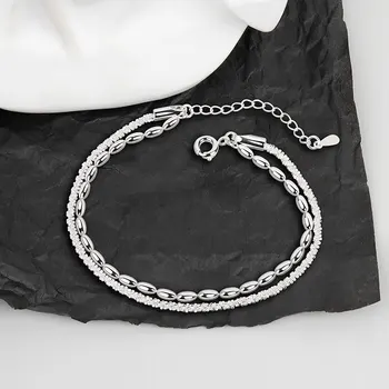 925 Sterling Silver Double Layer Oval Bead Charm Bracelet &Bangle For Women Girls Link Chain Party Bohemian Jewelry sl381