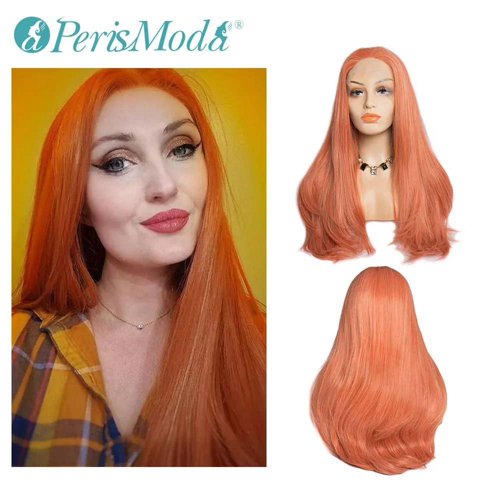 

Hand Tied Orange Synthetic Lace Front Wigs 28 Inch Long Straight PerisModa Girl Cosplay Celebrity Wedding Party Synthetic Wigs