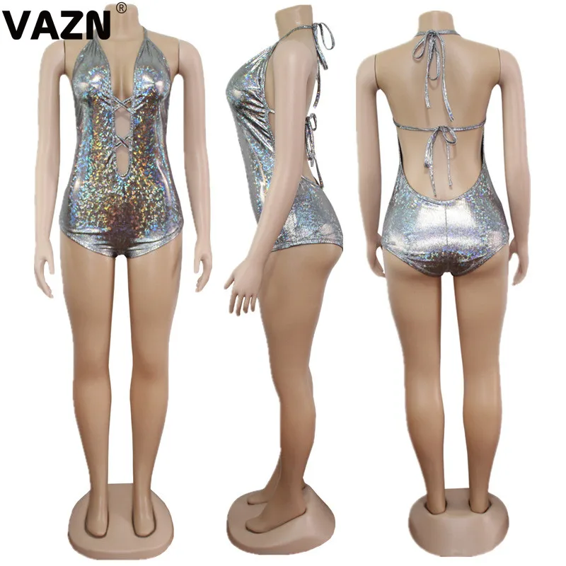 VAZN, новинка, пляжные, открытые, сексуальные, Клубные, необычные, новинка, модные, с оборками, Холтер, без рукавов, с открытой спиной, высокая талия, женские, обтягивающие, Комбинезоны