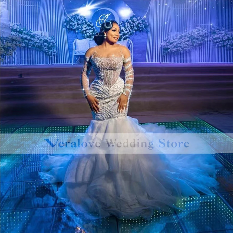 

robe de mariée Mermaid Wedding Dress 2022 Sheer Long Sleeves Beads Crystal Ruffles Train Saudi Arabic Bride Party Gowns