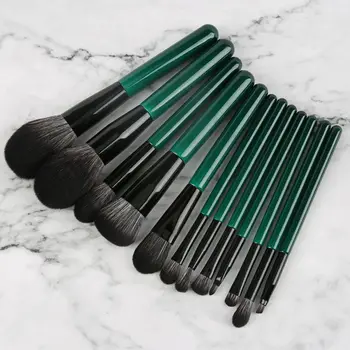 

Trendy high-end 12 Makeup Brush beauty tools wooden handle Makeup Brush Set dark green soft hair loose powder Eye Brush