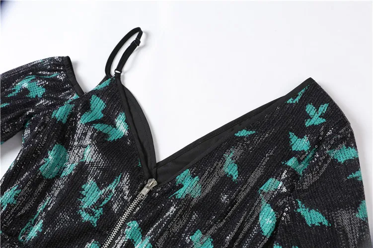 Блуза с блестками женская брендовая дизайнерская Сексуальная рубашка с v-образным вырезом на одно плечо с длинным рукавом Асимметричная рубашка с узором зеленых листьев Туника Топы