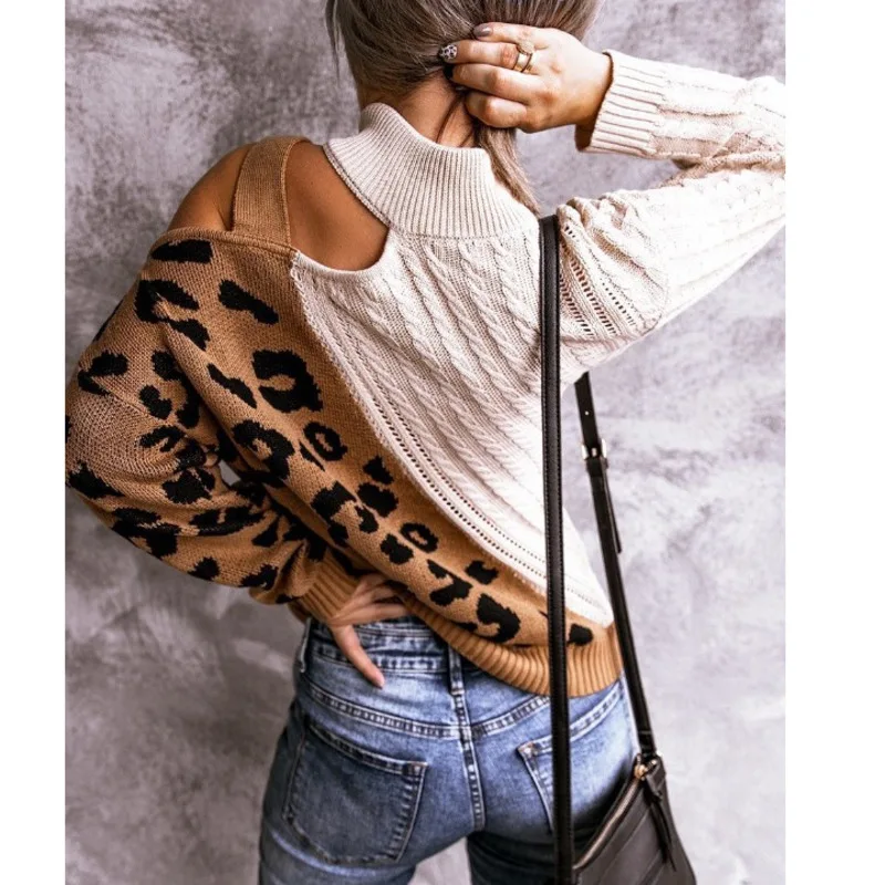 Women's turtleneck Sexy Leopard striped sweater Off Shoulder Knitted Stylish Korean fashion Lady Jumpers 2022 women new 4
