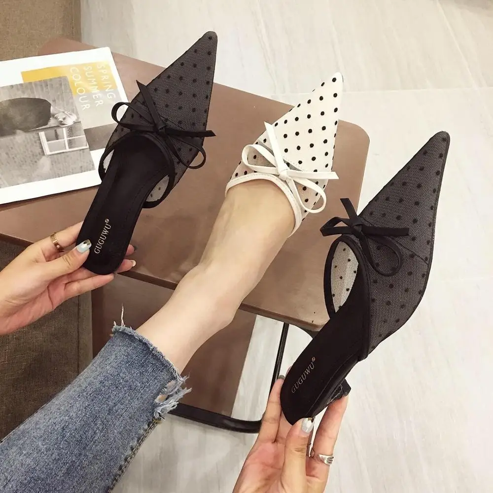

Shoes Thin Heels Designer Slides Med Cover Toe Butterfly-knot Women's Slippers 2019 Lace Luxury New Pointed Sliders Basic
