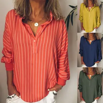 

Autumn Womens Blouses Shirts Striped Turn-down Collar Long Sleeve Shirt Long Tops Ladies Loose Blouse Plus Size blusa feminina