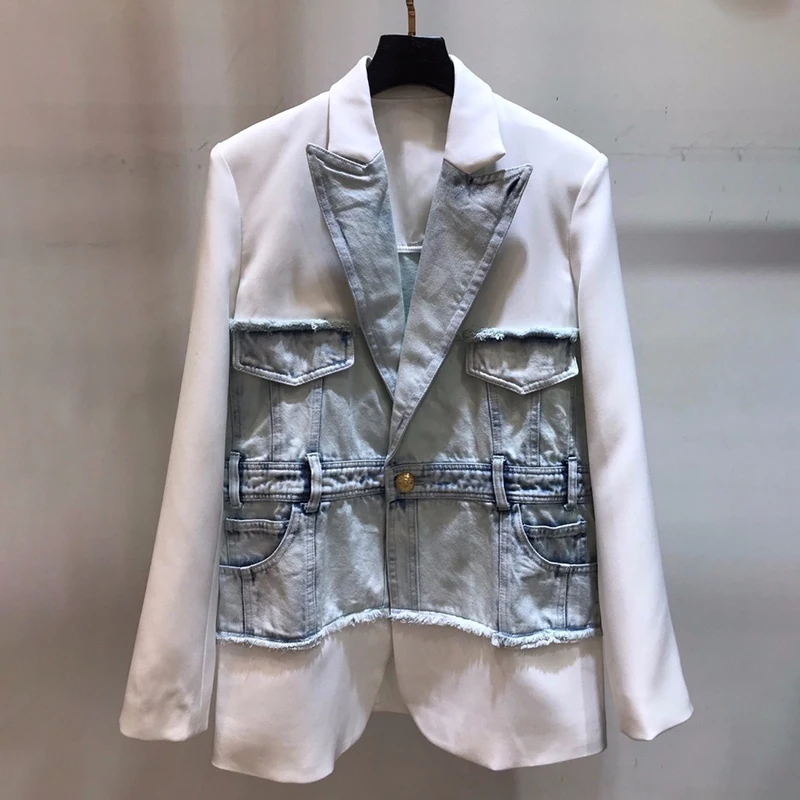 

[EWQ] 2019 autumn new Long Sleeved Panelled One Button Trend Denim Jacket Turn-down Collar Vintage Loose Casual Women Coats WJ01