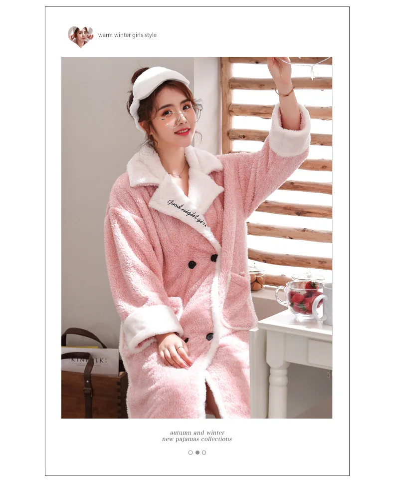 Women Winter Pajamas Thickening Coral Fleece Nightgown Embroidered 1 Piece Cardigan Flannel Bathrobe Sleepwear Nightwear