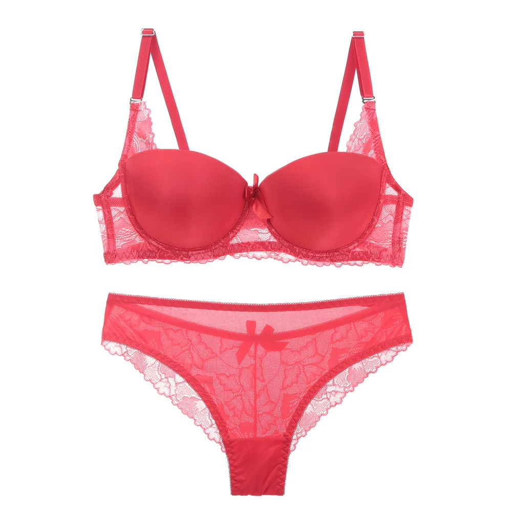 

Sexy Thin Cup Smooth Half Cup Push Up Bra Sets Lace Thin Cotton Bow Plus Size Pink Lingerie Underwear Women Set