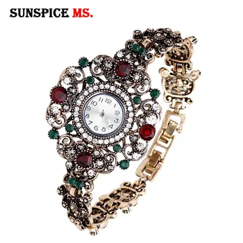 

SUNSPICE MS Flower Round Bracelets Watch Women Clock Quartz Watches Vintage Turkish Wristwatch Indian Bridal Antique Jewelry