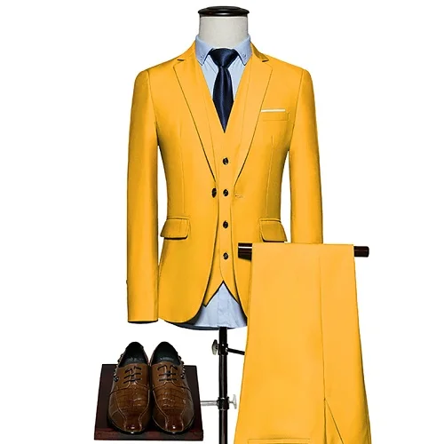 3 pieces Yellow Роскошный мужской свадебный костюм, мужские блейзеры, приталенные костюмы для мужчин, деловой вечерний синий классический черный M-6XL, мужской смокинг - Цвет: 3 pieces Yellow