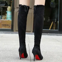 Зимние высокие сапоги женские сапоги выше колена без шнуровки на высоком каблуке 9 см с острым носком Модные черные сапоги botas mujer Bota Feminina