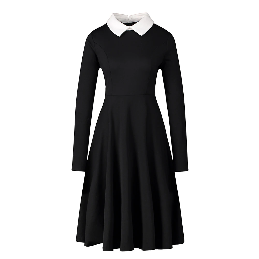 

Vintage A-Line Solid Doll Collar Mid-Length Women Party Dress Fashion Spring Summer Long Sleeves Black Elegant Burgundy Dress