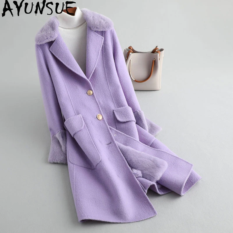 

AYUNSUE Real Fur Coat Female Natural Rabbit Fur Liner 100% Wool Coat Winter Jacket Women Mink Fur Collar Korean Long Jackets MY