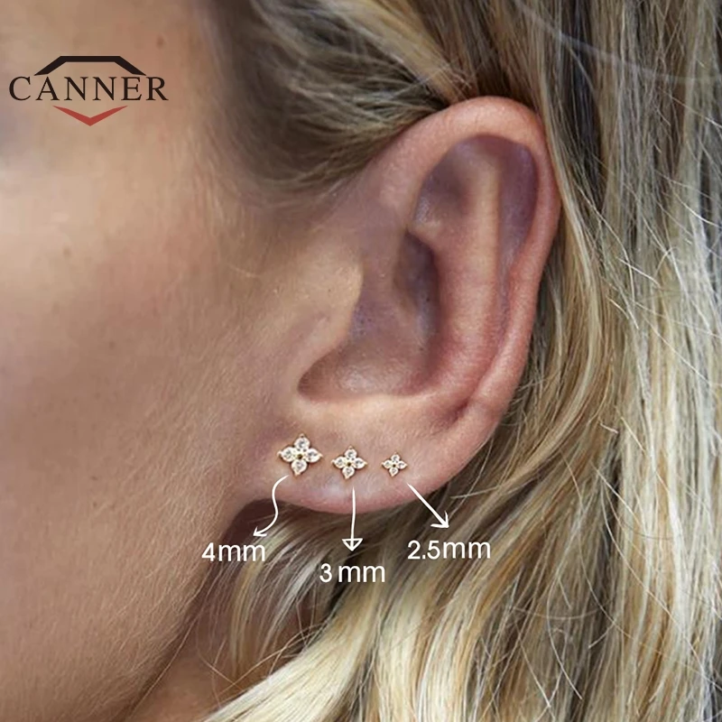 

CANNER 925 Sterling Silver Stud Earrings Cute Zircon ear bone nail Mini Crystal Flower Pierced Earrings Fashion Jewelry