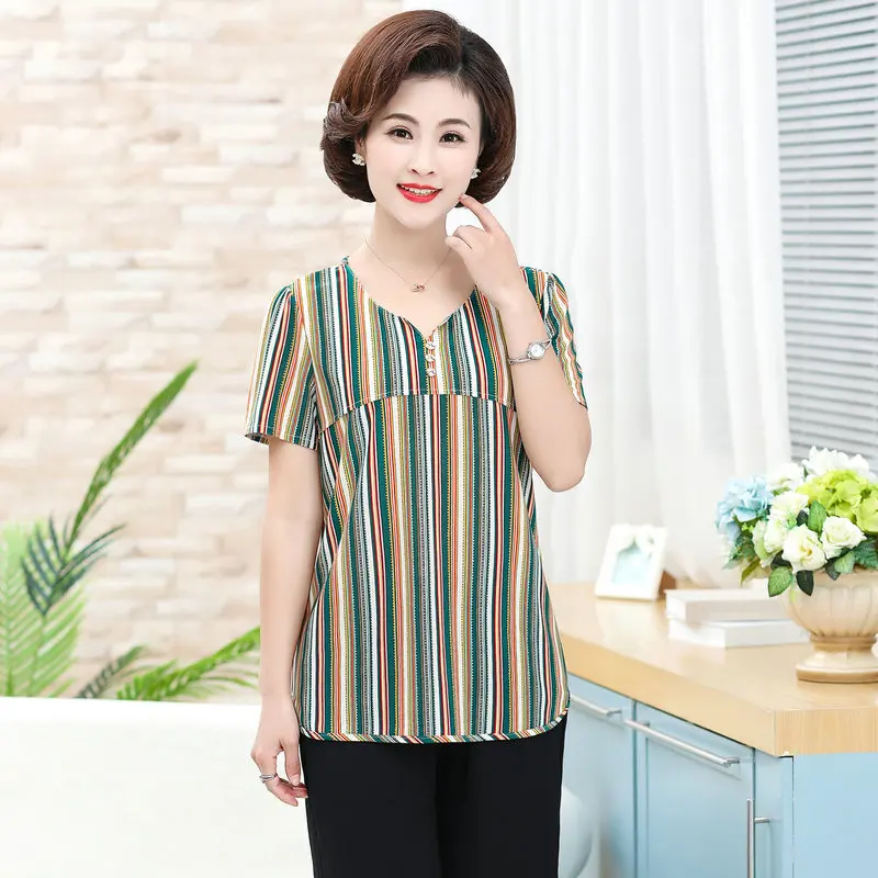 

Summer Woman Chiffon Blouse Green Red Vertical Stripe V-neck Short Sleeve Tops Mature Women Casual Thin Plus Size Blouses 2020