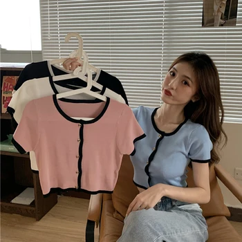 

Simple Knit Cardigan Female Wild Slim Round Neck Short Sleeve Top