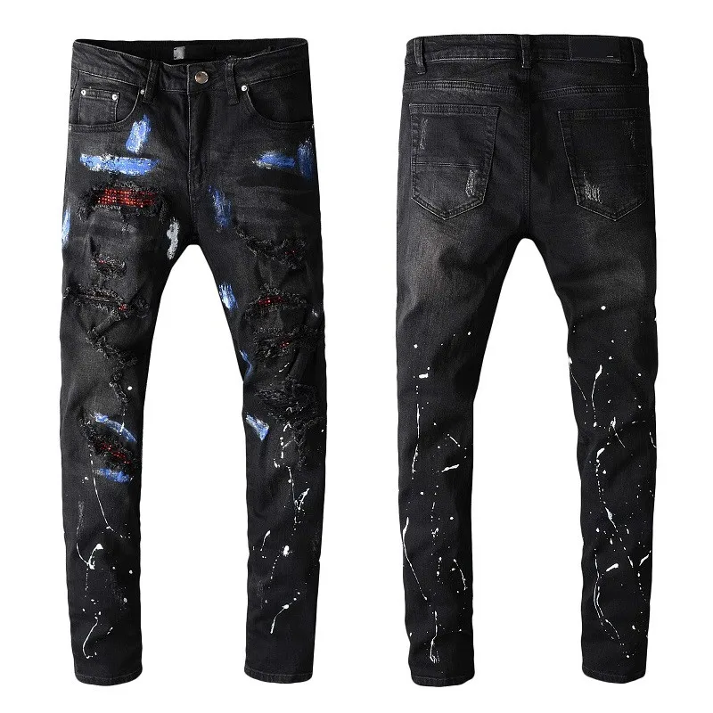 

New Italy Style Men's Distressed Pants Embroidery Letters Patchwork Skinny Denim Washed Black Jeans Slim Trouser #702